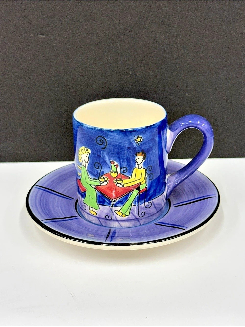 Canhome Hand Painted Thailand Blue Café Scene Cup & Saucer Set